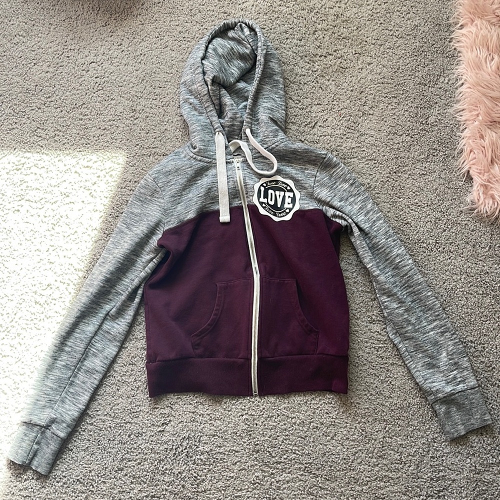 Kids large zip up jacket, thick material, purple and grey,